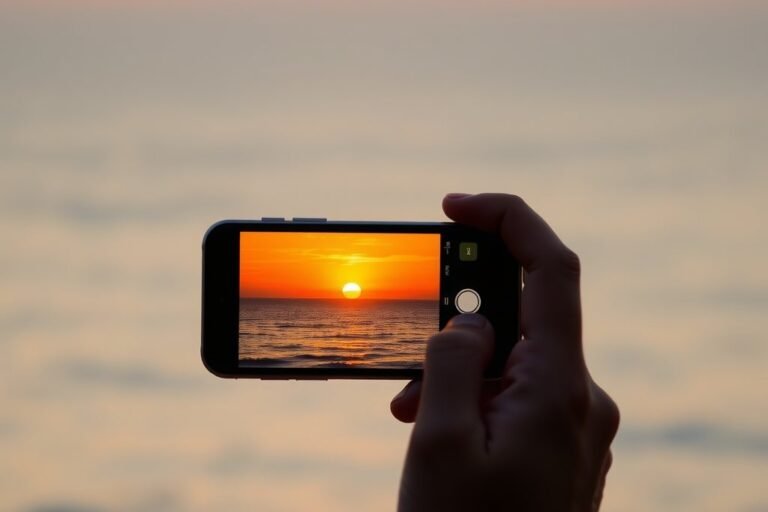 Mano sosteniendo un celular para fotografiar un atardecer