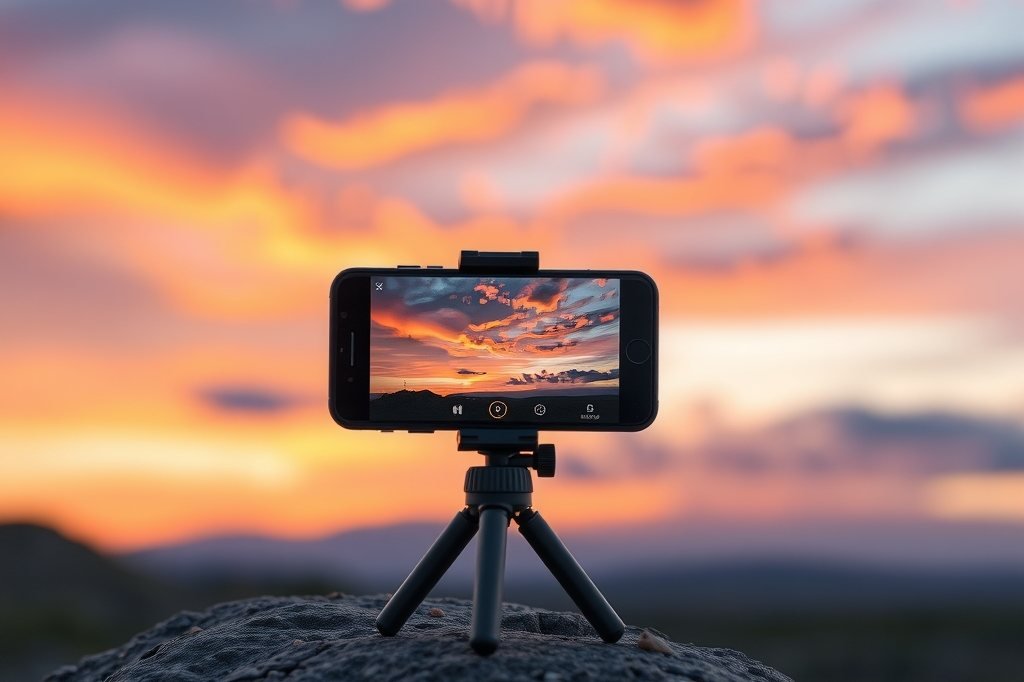 Celular sobre un trípode pequeño frente a un atardecer colorido