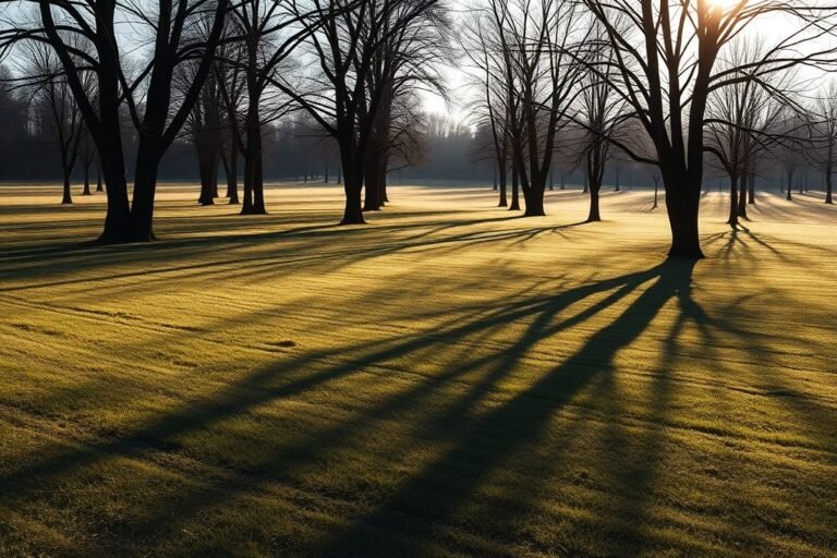 Sombras largas de árboles en un campo con sol bajo