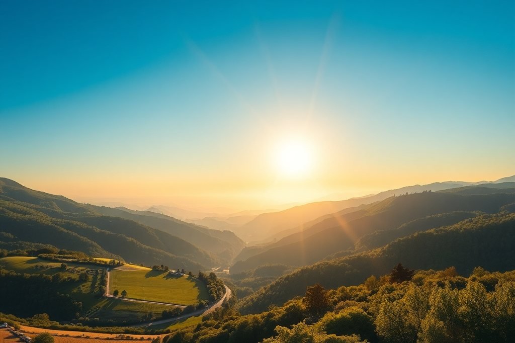 Sol alto de verano sobre un valle verde con sombras cortas
