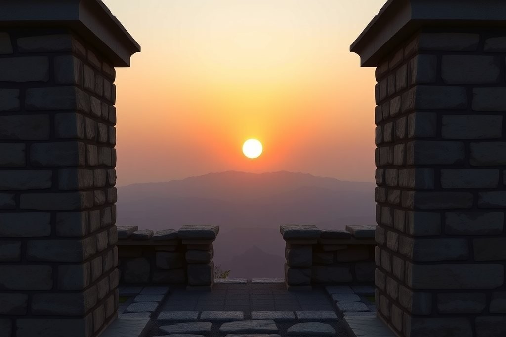 Sol saliendo sobre un horizonte plano entre dos estructuras de piedra