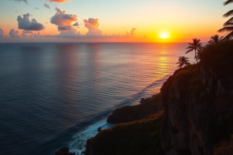 Mirador en un acantilado frente al mar durante el atardecer