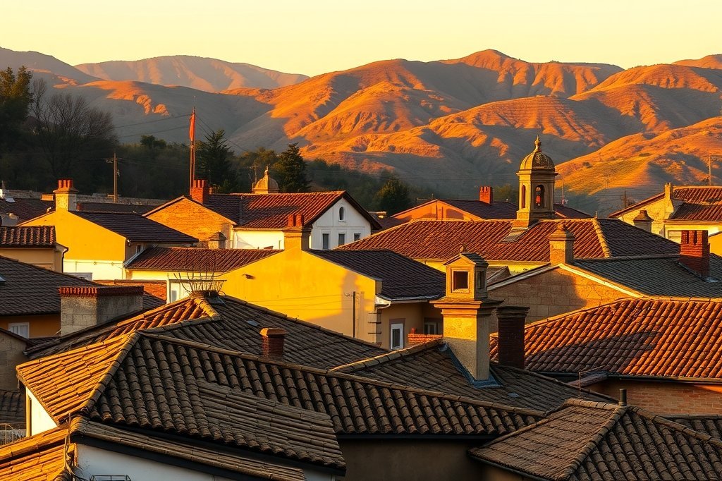 Tejados de un pueblo colonial con luz cálida de atardecer