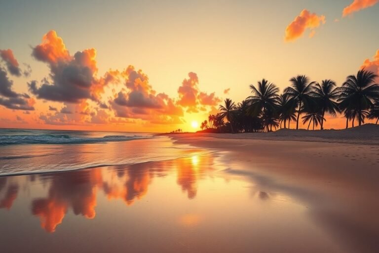 Playa tropical vacía al atardecer con reflejos en la arena mojada