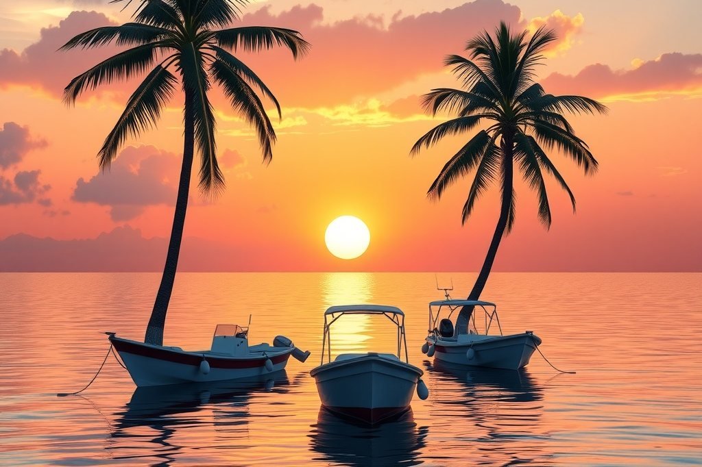 Barcas pequeñas sobre el agua tranquila al atardecer