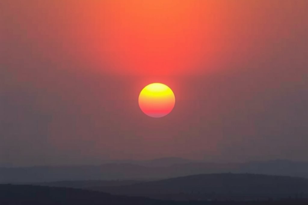 Sol bajo de color naranja intenso sobre el horizonte