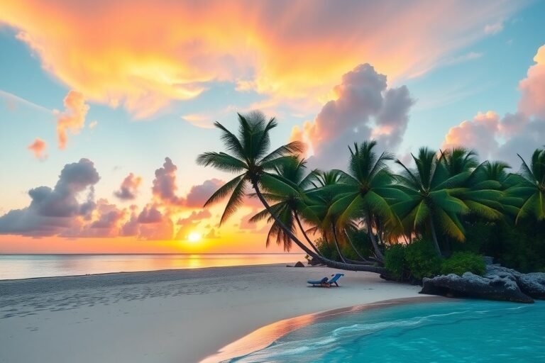 Playa de aguas turquesas al amanecer con palmeras