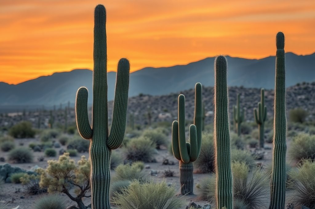 Desierto con cactus y cielo anaranjado al atardecer