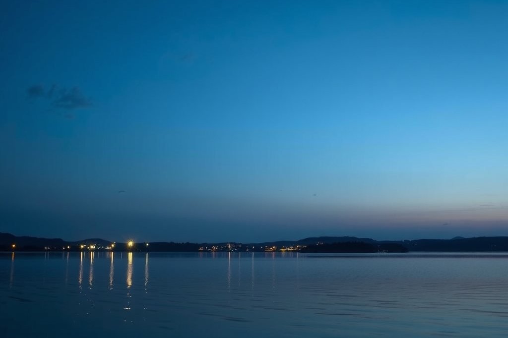 Lago tranquilo durante la hora azul con reflejos