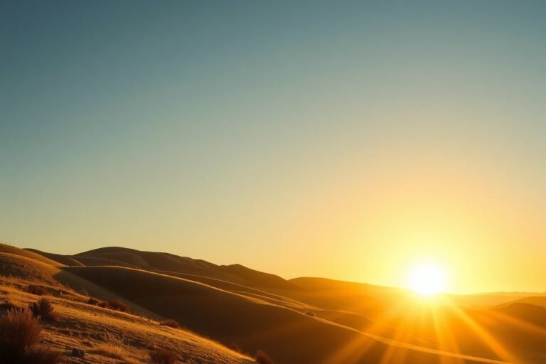 Sol bajo de invierno sobre cerros secos al atardecer