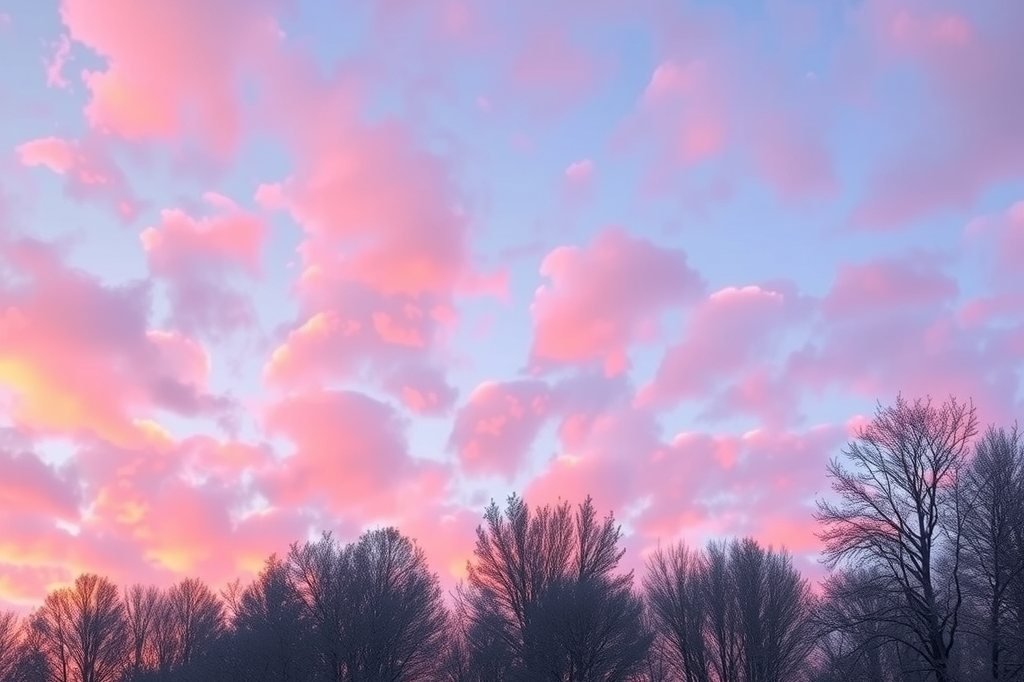 Cielo rosa de invierno sobre árboles sin hojas