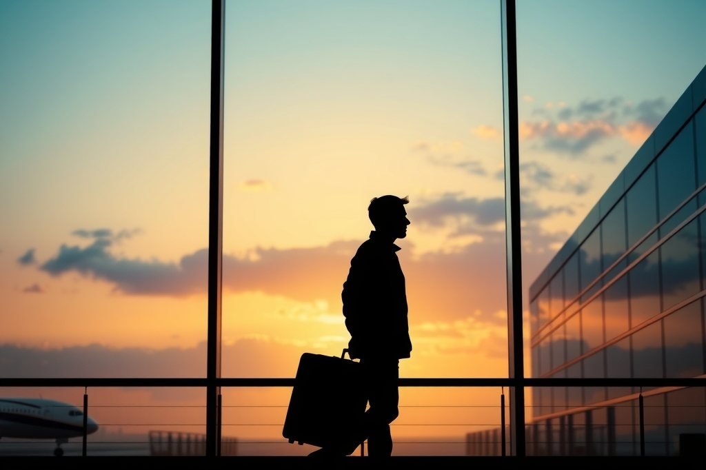Silueta de un viajero con maleta en un aeropuerto al atardecer